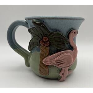 Mudworks Art Pottery Pink Flamingo w Green Palm Tree Coffee Mug 16oz Signed